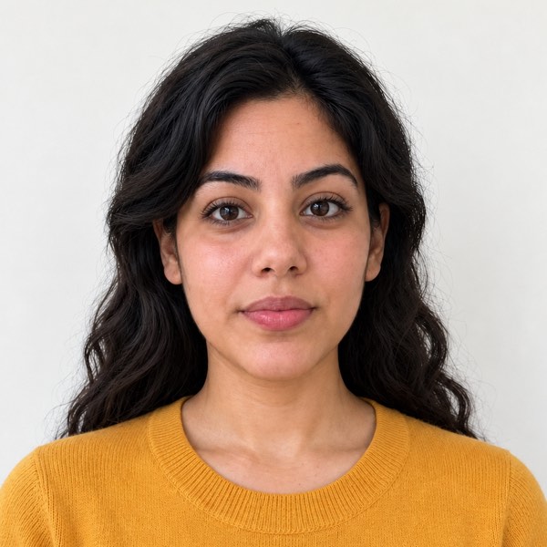 Example passport photo of the same woman, cropped to 2 by 2 inches